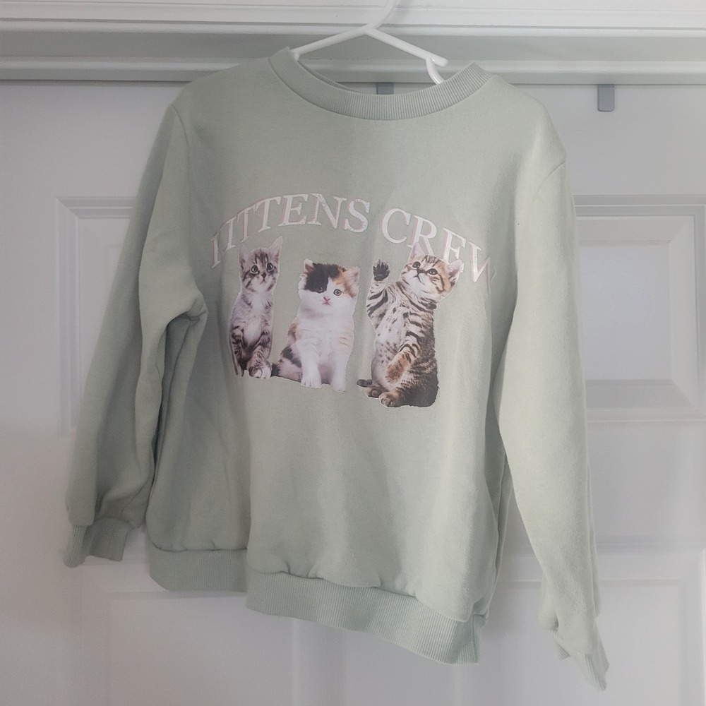 Girls H&M Graphic Green Kitten Cat Crew Neck Sweatshirt Size 5T/6